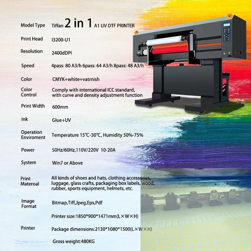TIFFAN UV DTF Printer 8-Color Ink Sleeking Roll to Roll Transfer PET Film
